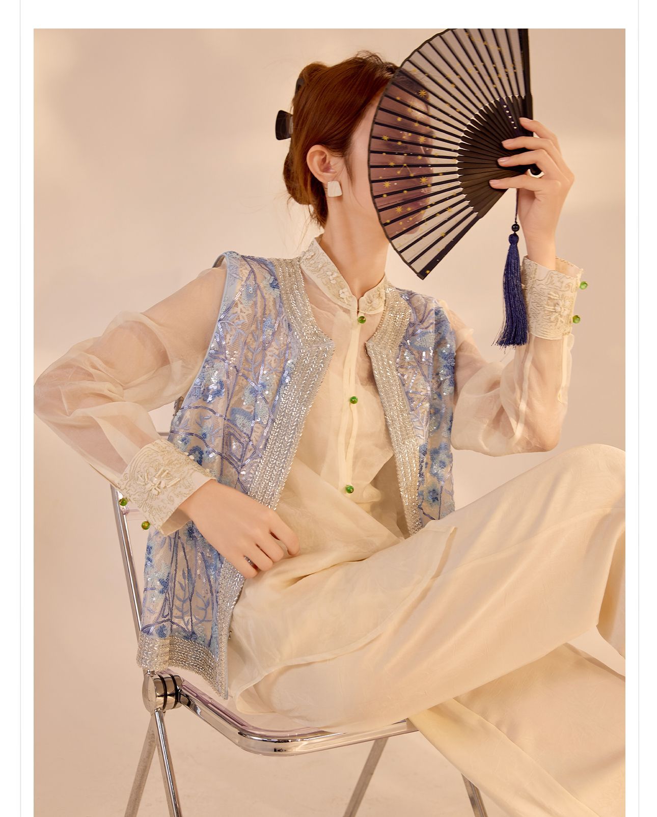 Áo vest gile nữ không tay thêu đính cườm phong cách Trung Quốc mới — màu xanh chi tiết 5