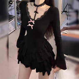 挂脖黑色v领蕾丝长袖连衣裙女秋冬修身性感纯欲辣妹内搭包臀短裙
