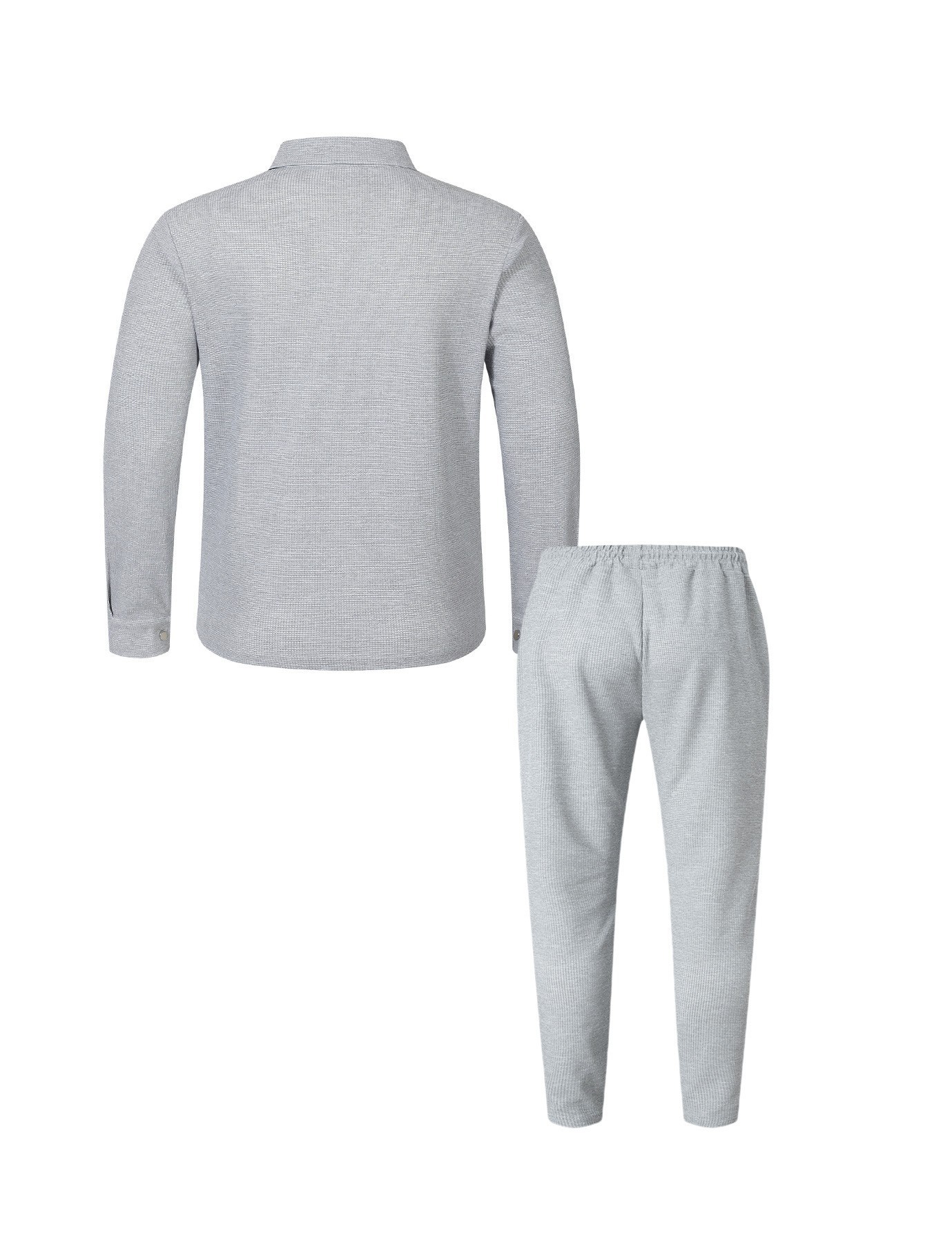 Men's Waffle Texture Lapel Button Casual Set Long Sleeve Top Pants_voghion.com