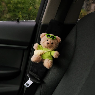 belt set car decoration accessories | Seat belt shoulder pad - pure-green-shirt-with-yellow-cross-pack-bear-black-velvet-shoulder-pads-single