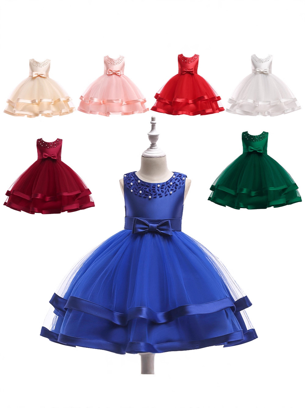 Children's Dress Princess Dress Round Neck Beaded Cake Tutu Skirt Ribbon Flower Girl Wedding Dress Birthday Party Evening Dress