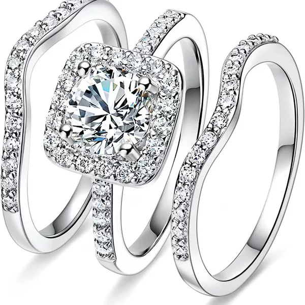 European and American New Jewelry Cross-border Platinum Plated Square Zircon Three-piece Set Stackable Engagement Eternal Diamond Ring