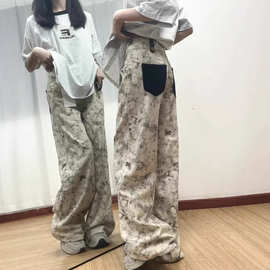 美式复古扎染阔腿牛仔裤女2026新款高腰直筒宽松显瘦休闲拖地长裤