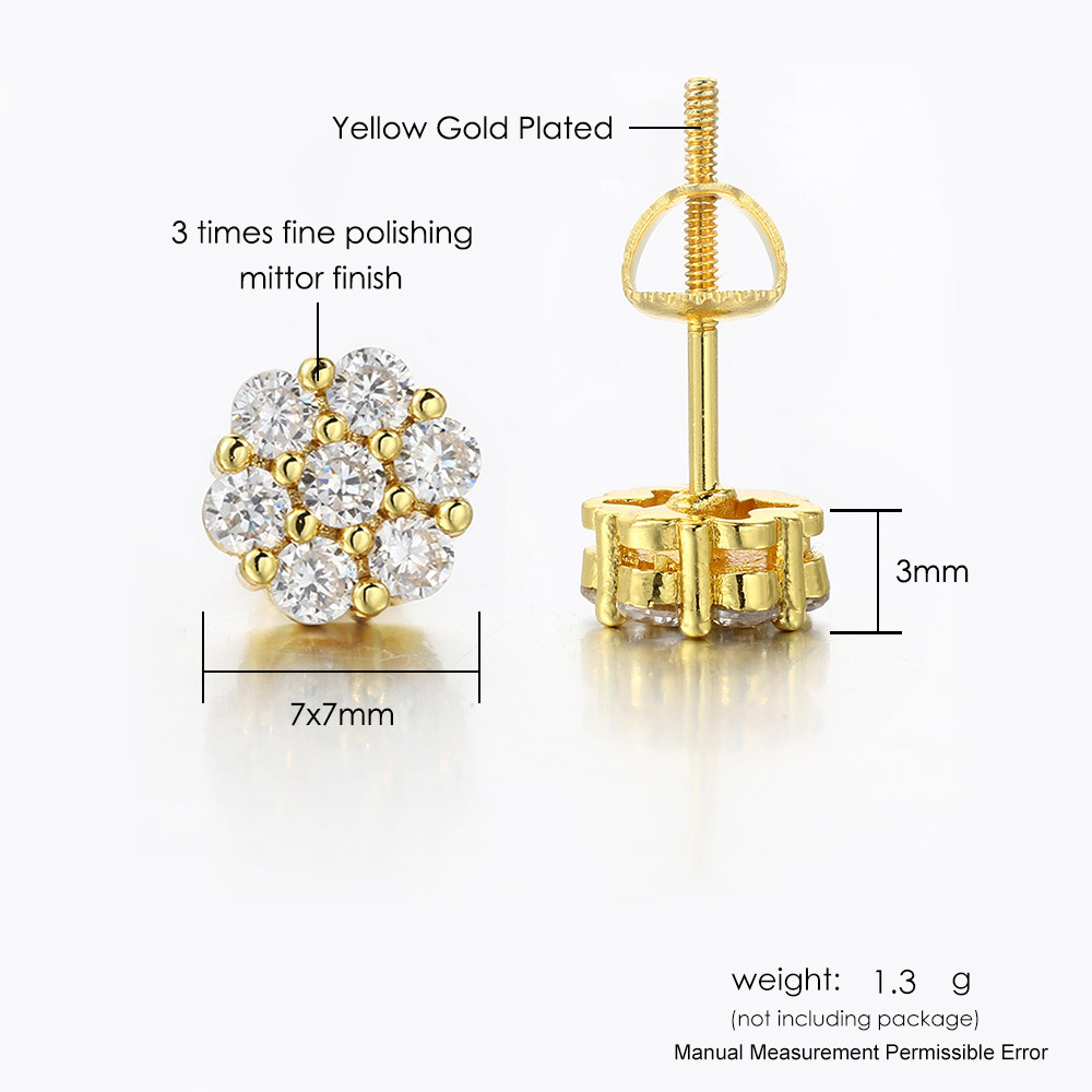 5g Weight Copper Ear Needle Material 1 Pair Hip-Hop Flower Plating Inlay Copper Zircon White Gold Plated Gold Plated Ear Studs
