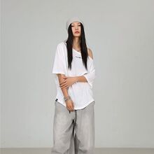 肩带潮牌爵士T恤女kpop跳舞街舞宽松嘻哈上衣散热面料短袖