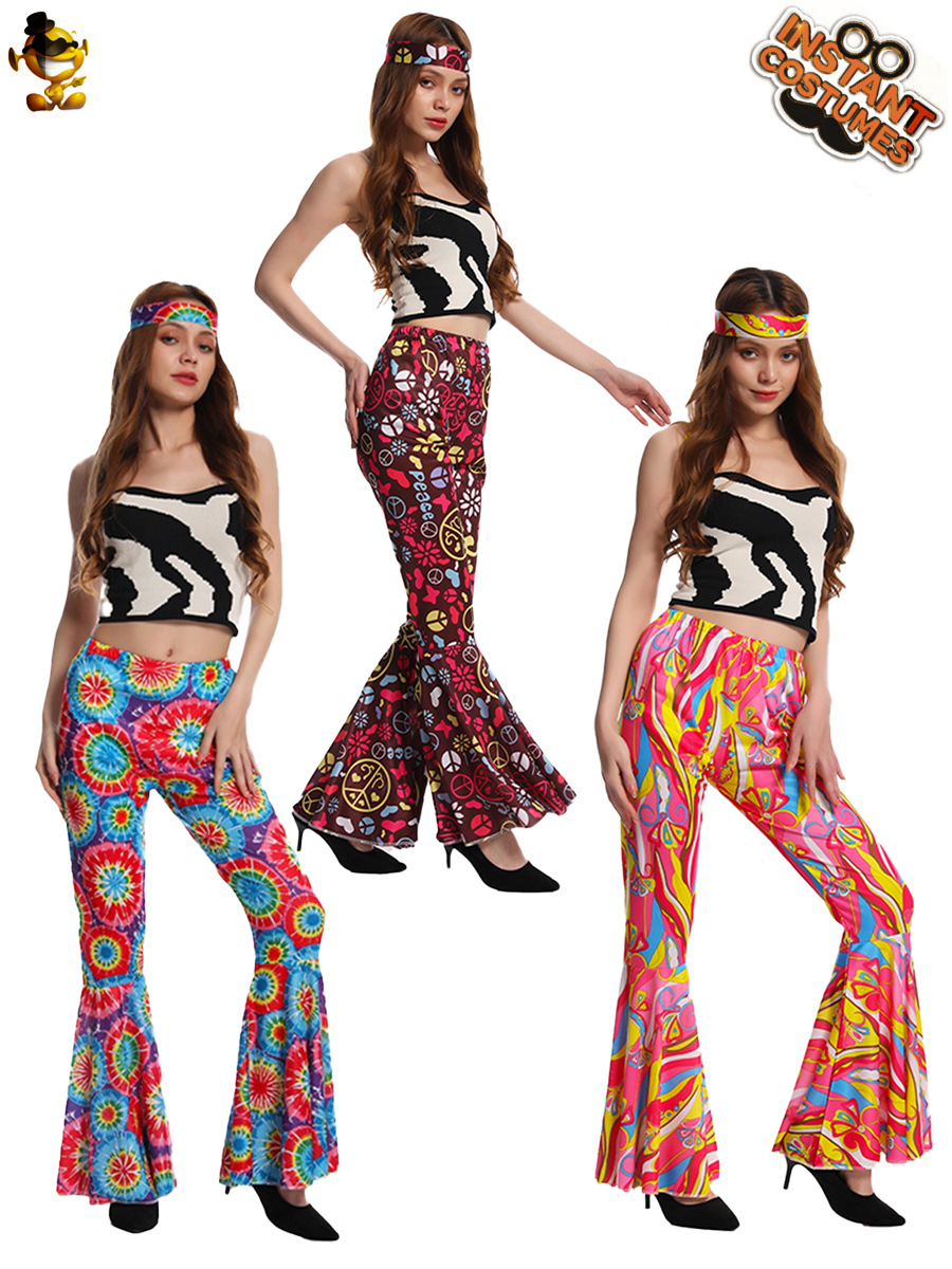 Carnaval transfronterizo adulto grande femenino retro hippie acampanado pantalones de las mujeres hippie traje ropa de fiesta