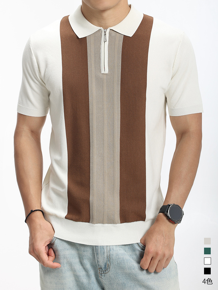 Europa y Estados Unidos transfronterizos hombre medio cremallera rayas polo camiseta de punto de verano con solapa de mangas cortas ropa de hombre de alta calidad casual hombre