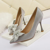 Korean fashion net red bow diamond high heels pointed sexy thin women’s single shoes banquet women’s shoes