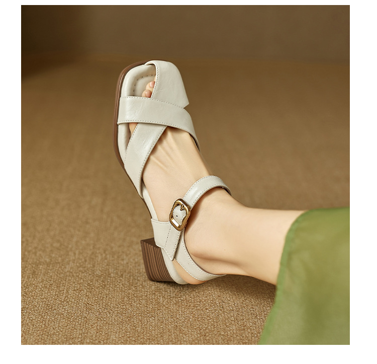 Sandal nữ da bò kiểu Pháp đế mềm thấp gót đi làm mùa hè — đen chi tiết 2