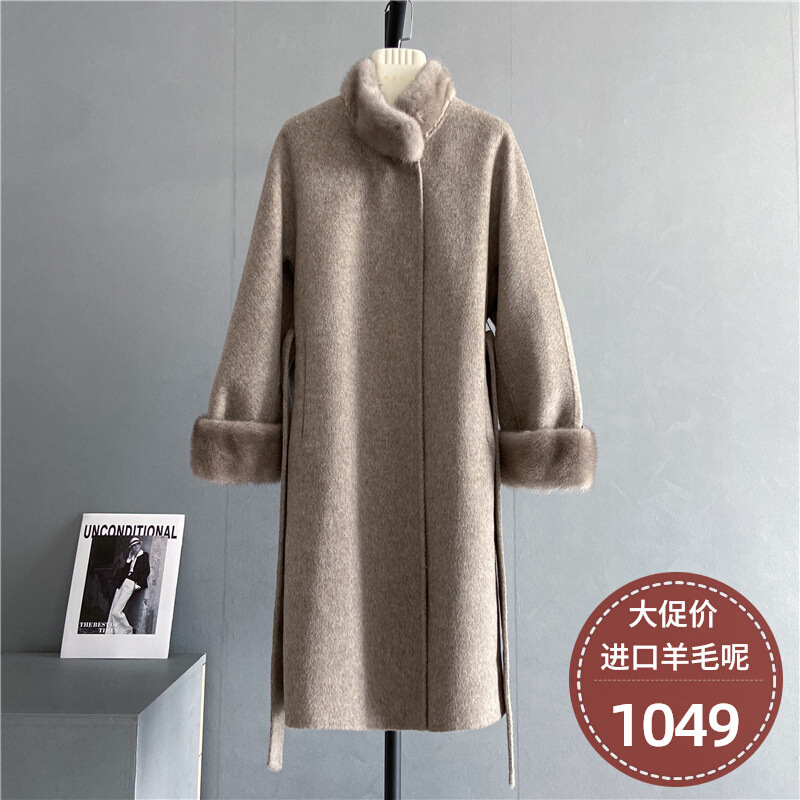 Mink Fur Collar Coat for Women 2025 Winter New Long Double-Sided Wool Coat High-End Elegant Woolen Coat Haining