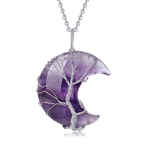 Natural stone amethyst moon tree of life pendant necklace winding wire handmade money tree crystal DIY necklace