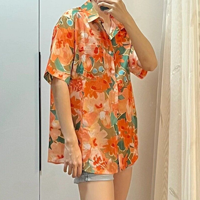 Orange Flower Shirt Men's and Women's Couple's Beach Vacation Village Girl's Dress 70 s Retro Loose Seaside Hawaiian Tide