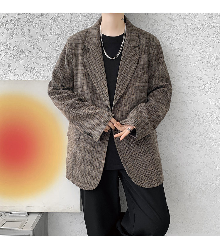 American Retro Houndstooth Blazer For Men Oversized Plaid Jacket_voghion.com