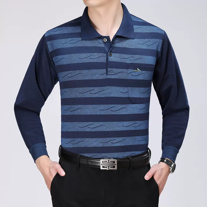 Осенняя новинка: мужская футболка с отложным воротником и длинным рукавом для мужчин среднего и старшего возраста, свободная повседневная футболка, однотонная верхняя одежда.