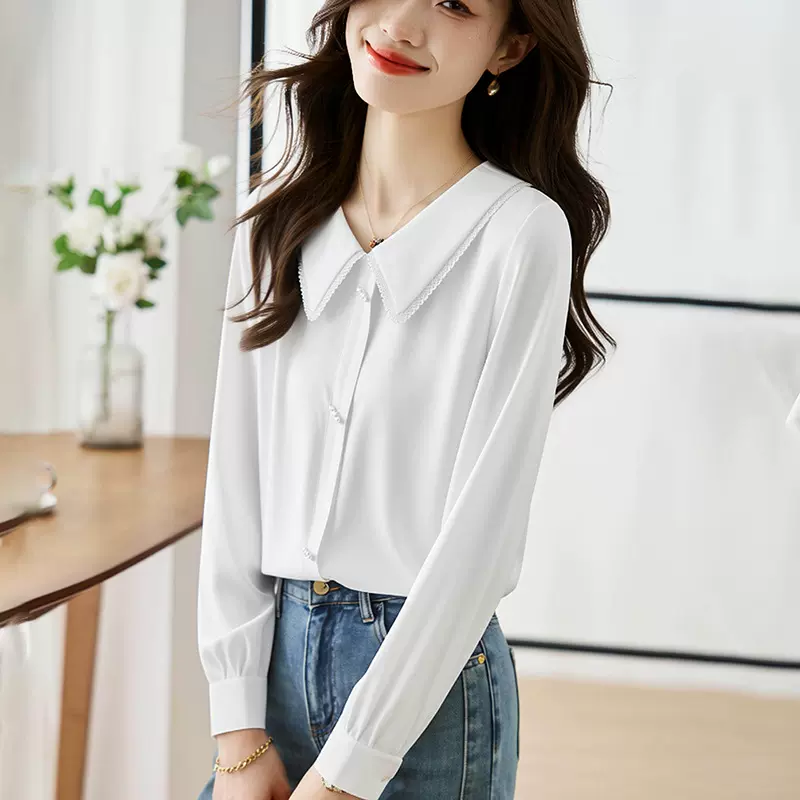 2026春新款衬衫女时尚洋气娃娃领法式钉珠蕾丝衬衣长袖雪纺衫上衣