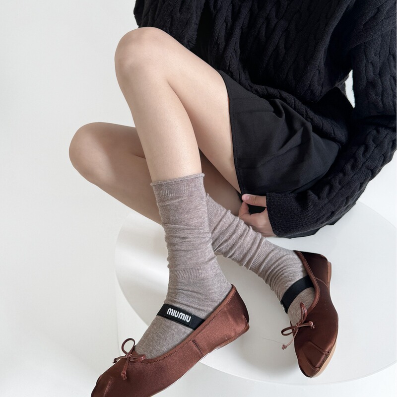 Autumn New Thin Spliced Calf Socks Rolled Edge Andola Red Soft Flat Mid-Calf Socks Wool Pile Socks