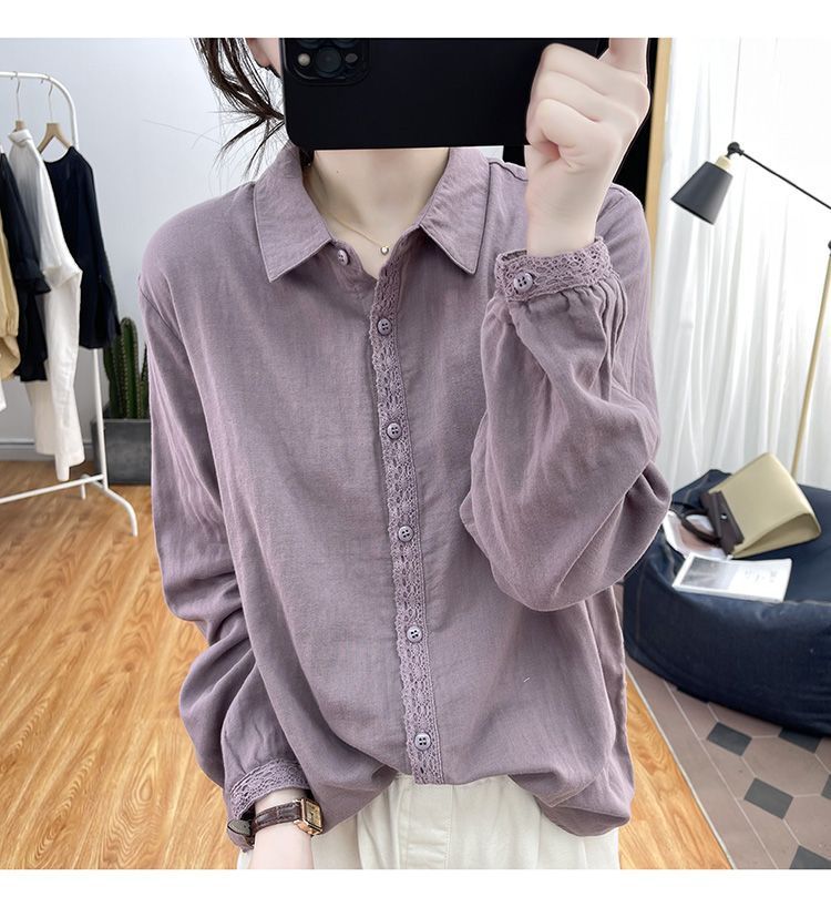Camisa retro de algodón y cáñamo de color liso para mujer, primavera/verano 2024, nueva camisa holgada de manga larga con encaje y panel de encaje._voghion.com