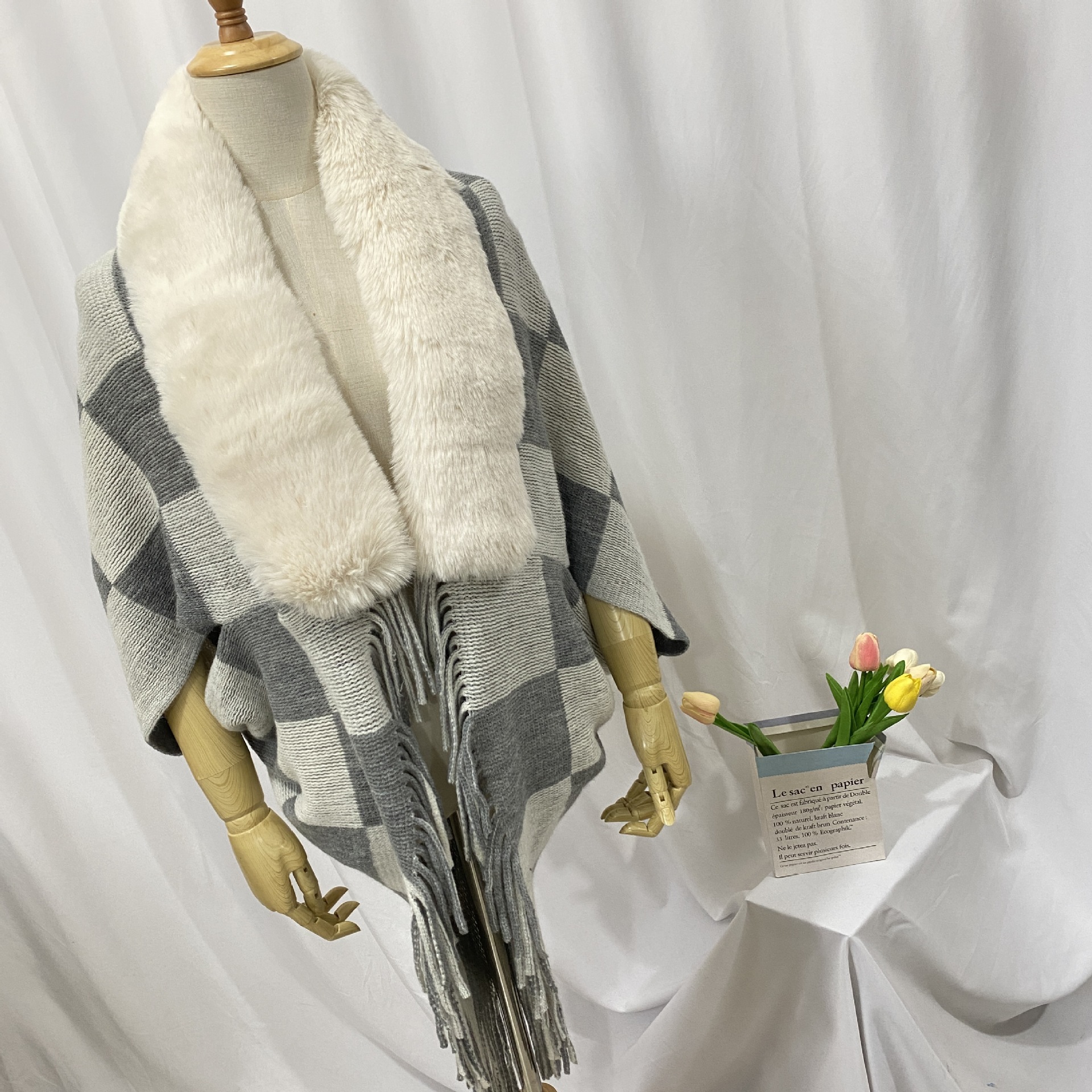 (2개) 2023 대외 무역 새로운 스타일 대형 격자 무늬 외부 니트 숄 따뜻한 술 두꺼운 대형 모피 칼라 니트 가디건