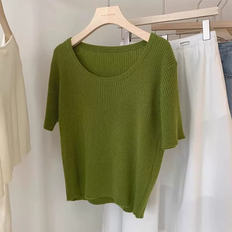 Knitted summer thin sweater, T-shirt, fitted, round collar, with short sleeve