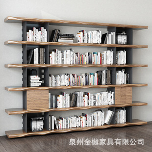 Industrial Style Solid Wood Floor-To-Ceiling Bookshelf Against the Wall for Living Room, Office, Exhibition Hall, Storage Rack with Drawers, Multi-Layer