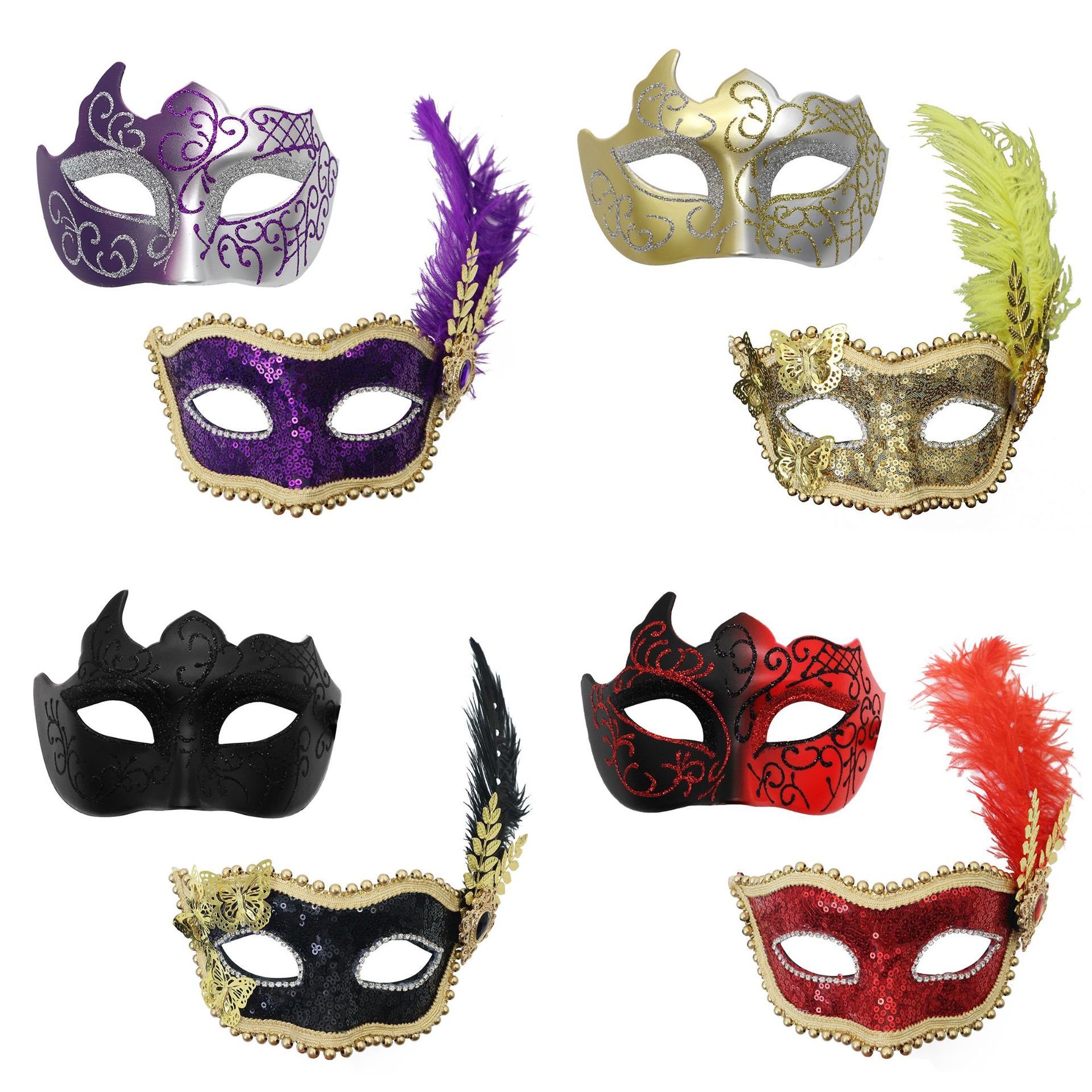 Amazon venta caliente carnaval borde lateral plumas metálicas mariposas retro máscaras de mitad de cara romana baile de maquillaje