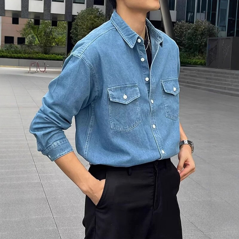 Casual And Versatile Design With Double Pockets, Retro Denim Shirt, Men's Versatile Shirt Trend_voghion.com