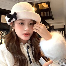 韩系千金风蝴蝶结渔夫帽子女秋冬季复古保暖适合方圆脸大头围盆帽