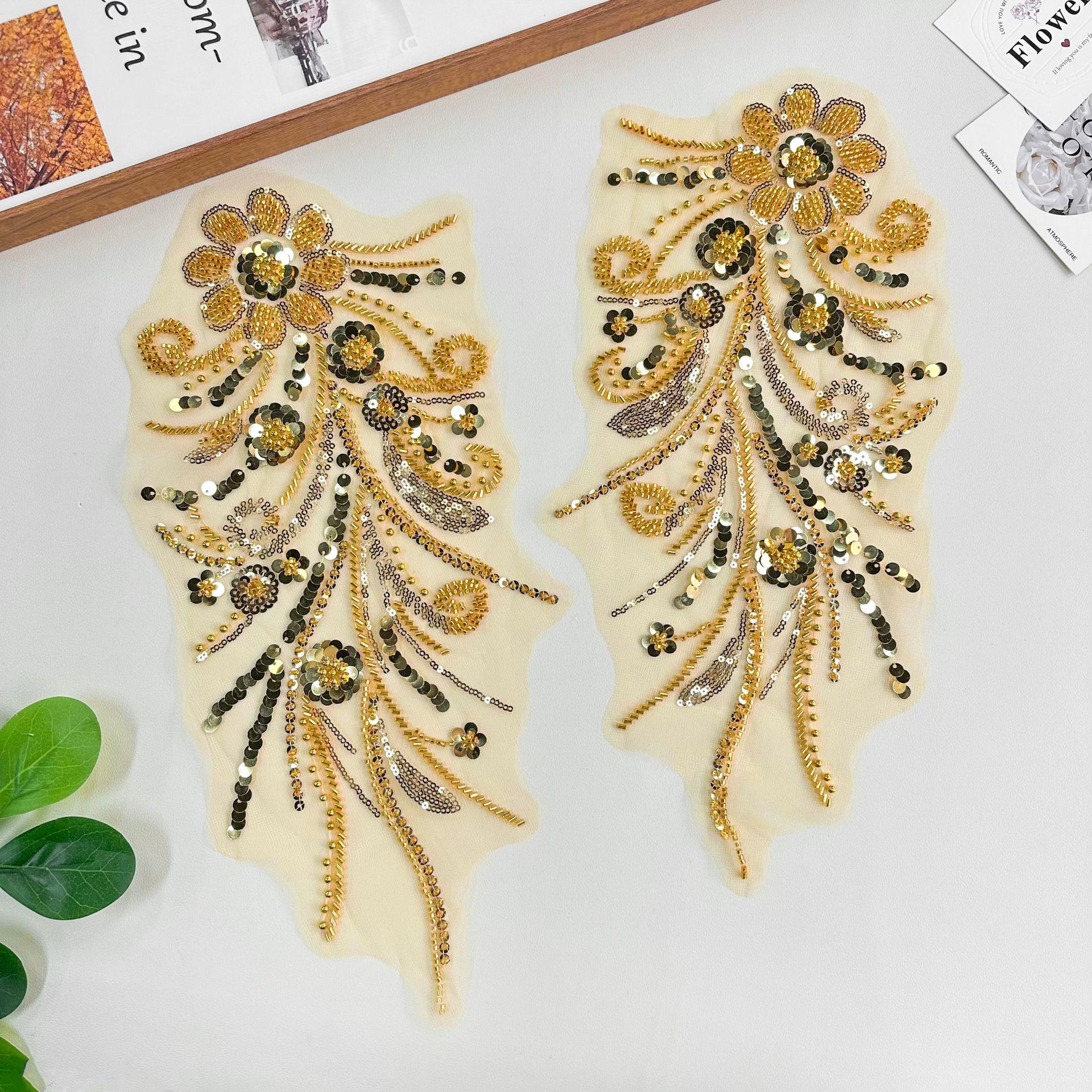 Sequinilla dorada bordada parche DIY decoración de malla accesorios de ropa hechos a mano de hombro back cheongsam accesorios de vestido image 1