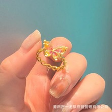新中式沙金烟雨梦蝶戒指女士 新款珐琅彩蝴蝶戒子开口指环送女友