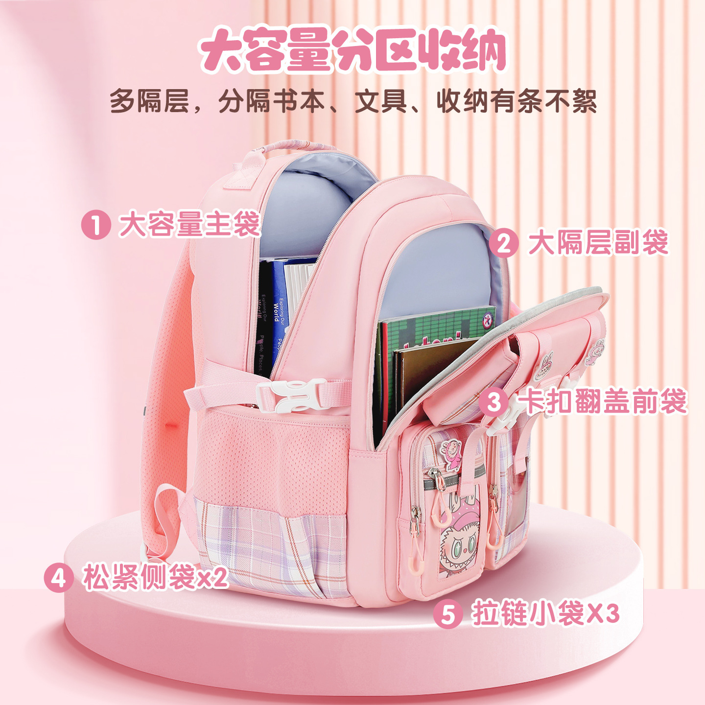 Nueva mochila de escuela primaria mochila de niñas mochila de hombro de gran capacidad para reducir la carga ligera multi-compartimiento niñas de alto valor facial