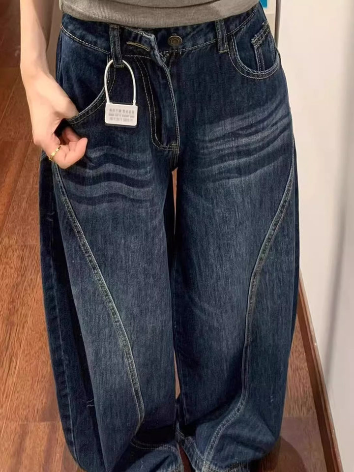 Quần jeans nữ ống cong cạp cao dáng rộng phong cách retro, quần dài có lót lông — Quần đơn màu xanh đậm