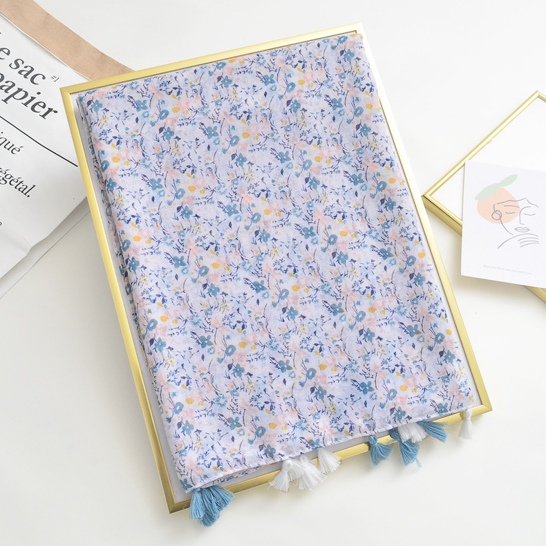 Artístico fresco azul y blanco bufanda floral Comercio exterior Exportación algodón y lino borla Toalla de playa viajes protector solar bufanda