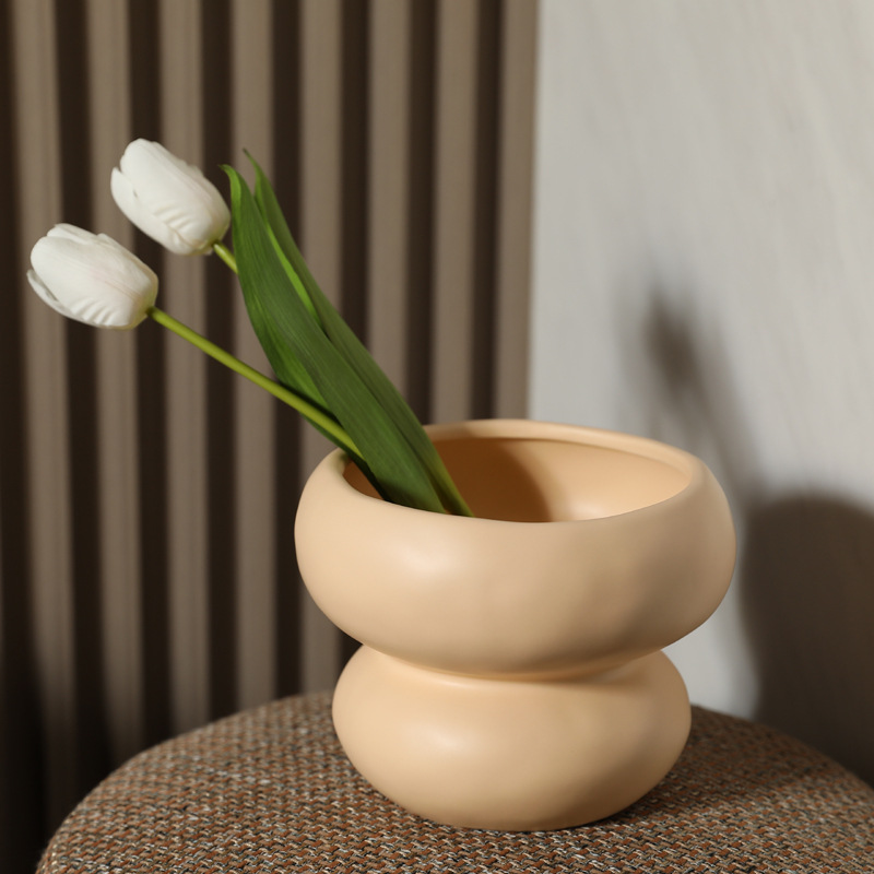 Moderno simple Boca Grande estilo crema jarrón de cerámica decoración nórdico flor seca arreglo hogar sala de estar decoración de la flor