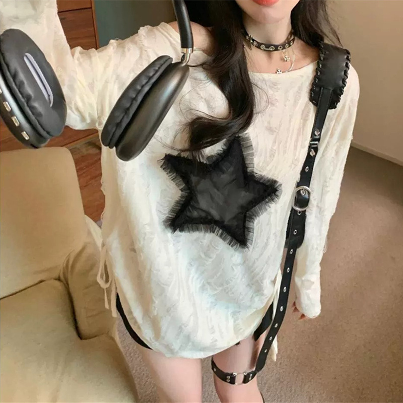 胖mm甜酷风星星镂空长袖上衣女秋季新款设计感小众宽松抽绳T恤潮