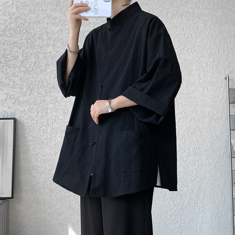 Camisa de manga de cinco puntos retro japonesa para hombre estilo fino de verano más fertilizante de talla grande nueva camisa de manga corta de algodón y lino de moda nacional de estilo chino