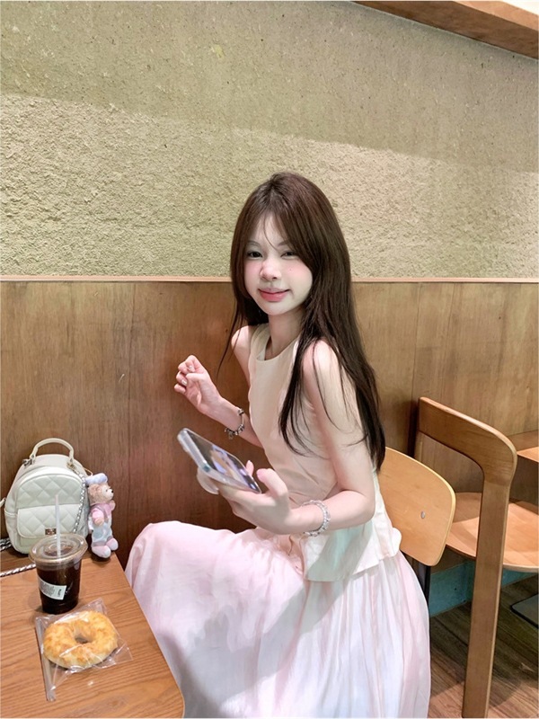 实拍   优雅少女粉色大裙摆气质连衣裙|undefined
