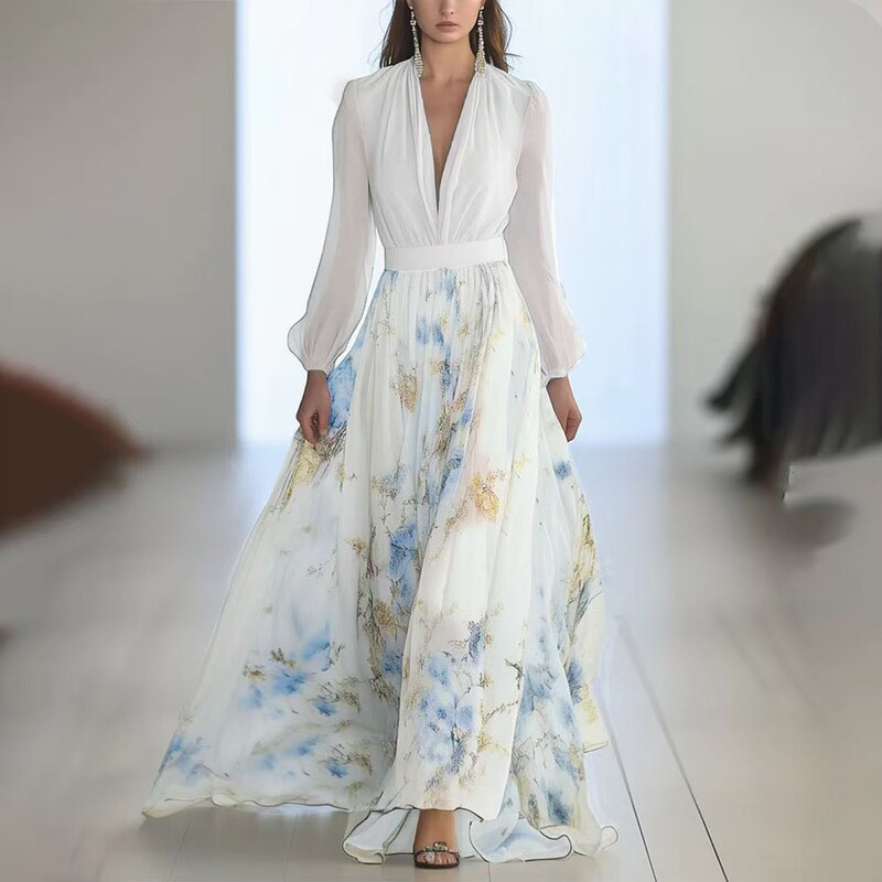 2025欧美女装 亚马逊 独立站 数码印花 长袖 V领 拼接长裙 连衣裙|undefined