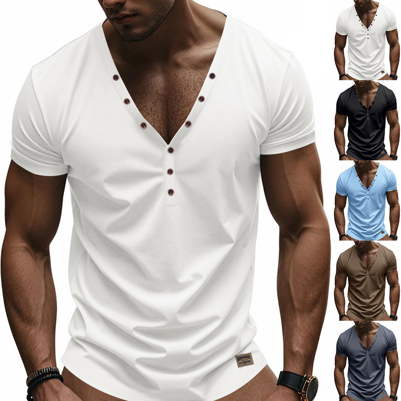 Cross-Border Amazon American Summer New Men's Loose Thin Trendy V-Neck Button Design Henley Shirt Short-Sleeved Men