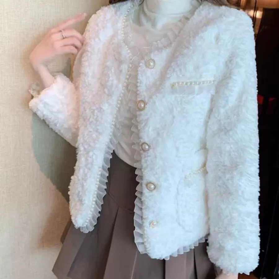 Короткий жакет с кружевом женский, в стиле Chanel, корейский, утеплённый, молочно‑белый