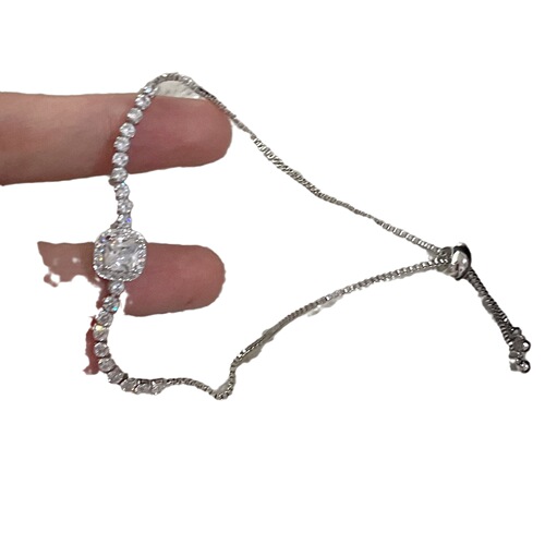 Silver and Gold-Tone Small Square Zirconia Bracelet -  Versatile Pull-String Gentle Style Charm Accessory Cord