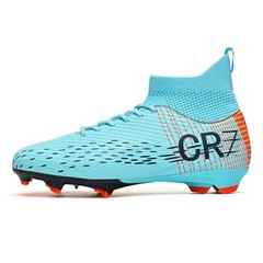 跨境高帮CR7舒适耐磨防滑毛巾底跨境热销飞织TF足球鞋批发
