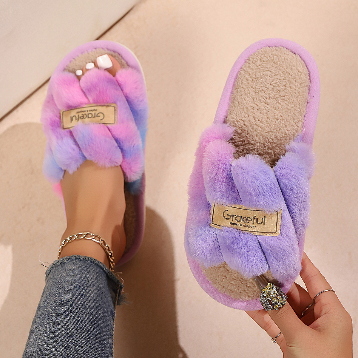Zapatillas peludas transfronterizas mujeres otoño invierno exterior antideslizante interior grueso zapatillas de algodón peludas