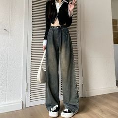 加绒水泥灰复古褶皱阔腿牛仔裤女高腰宽松显瘦秋冬小个子直筒长裤