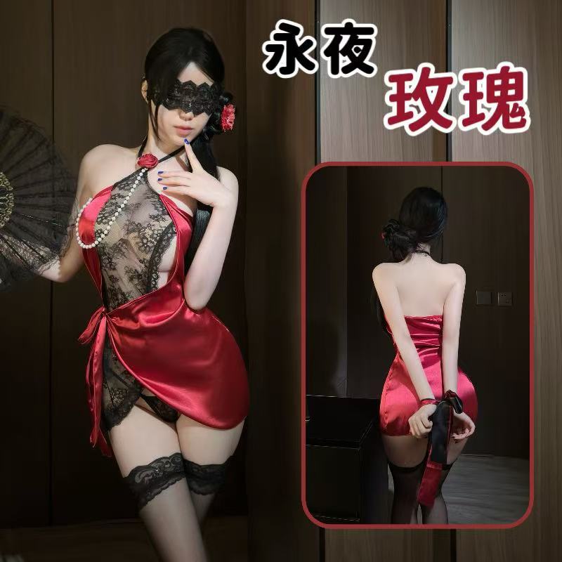 Eternal Night Rose Lace-Up Lingerie Dress Set with Thong, Stockings and Blindfold — detail image 1