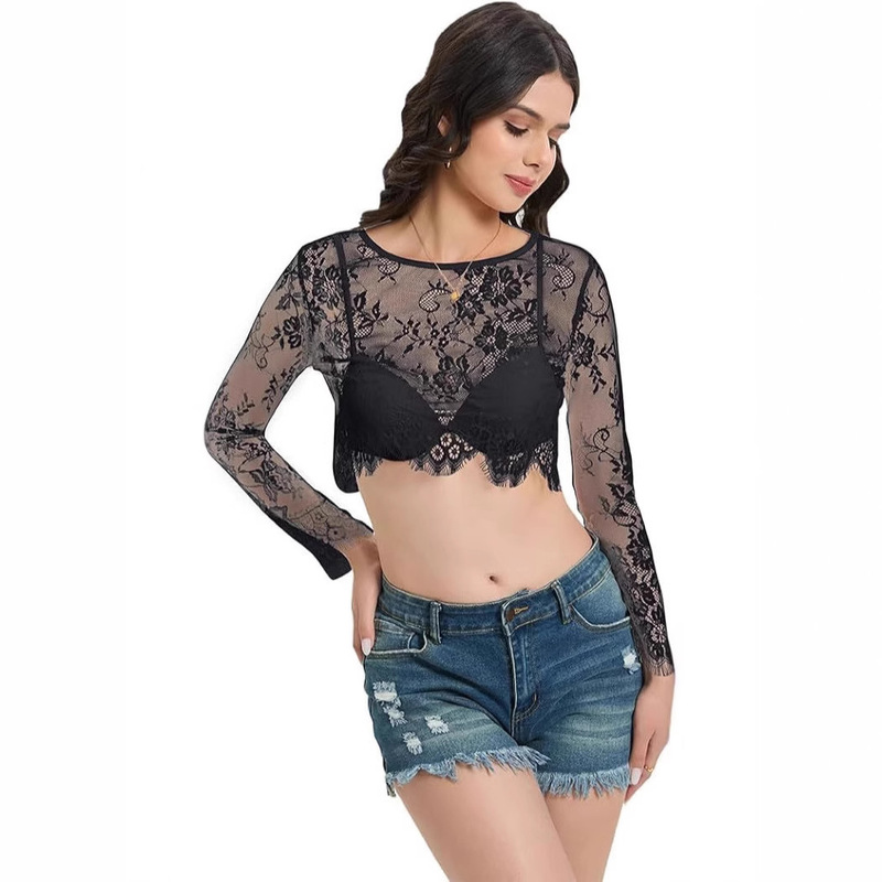 Women's Lace Short Low Round Neck Long Sleeve Slim T-shirt Sexy Perspective Mesh Navel Top Soft Lace