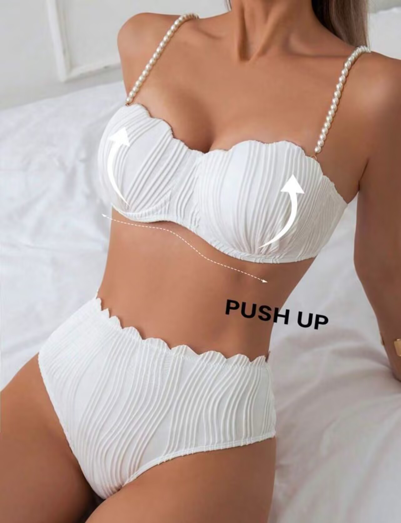 Bikini-Set in Unifarbe – Sexy Triangel-Top mit Muschelmuster und hochgeschnittenes Höschen für Damen (Schwarz/Weiß, Polyester-Spandex-Mischung, mit Bügeln)_voghion.com