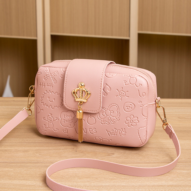2024 bolso de cámara de moda de mujer corona en relieve de bordas transversales bolso de mochila cuadrado bolso fresco dulce bolso de teléfono móvil