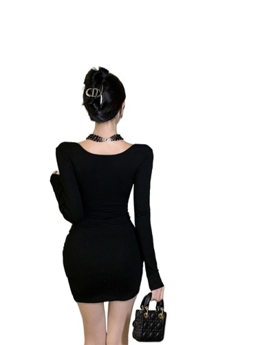 Spring clothes pure desire spicy girl sense black dress female collar slimming see-through mesh netting belly cover sexy skirt 