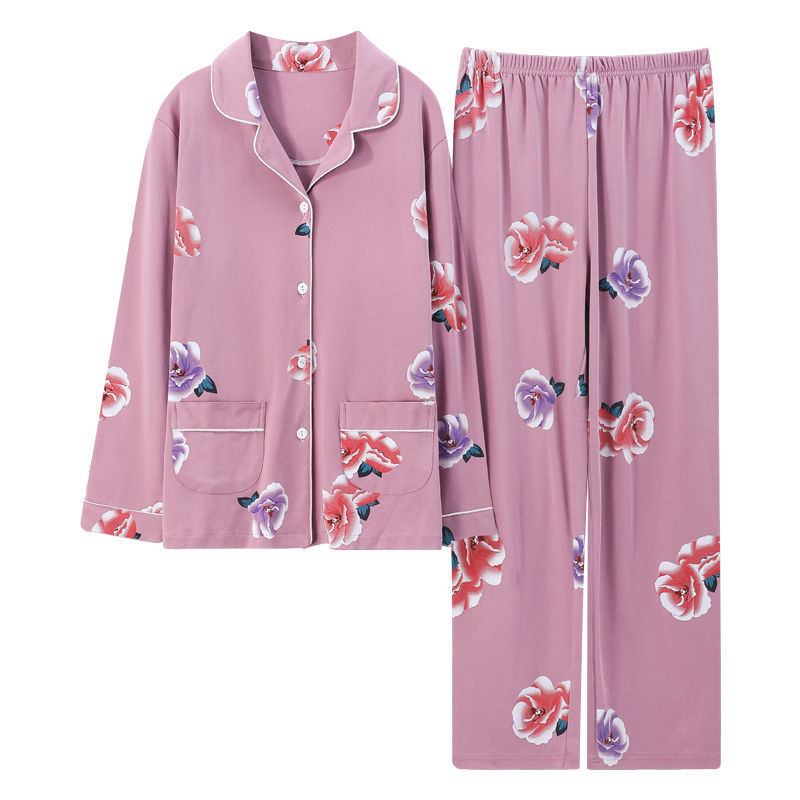 Pijamas de algodón puro primavera y otoño de las mujeres de manga larga más el tamaño cardigan traje de las madres de mediana edad y ancianos ropa de casa al aire libre