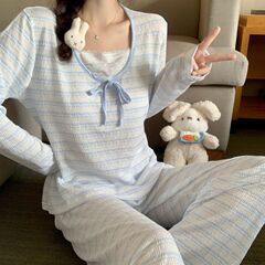 ins小清新蓝色条纹睡衣女秋季新款人棉带胸垫蕾丝边长袖家居服女